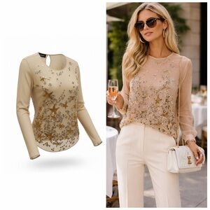 DSQUARED2 Star Crystal Embellished Silk Blouse Nude Sheer IT38 US2 Rare NWT